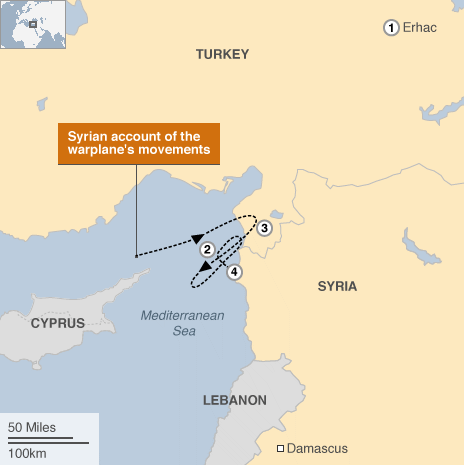 Ситуация со сбитым Сирией турецким истребителем Карта Турция Сирия